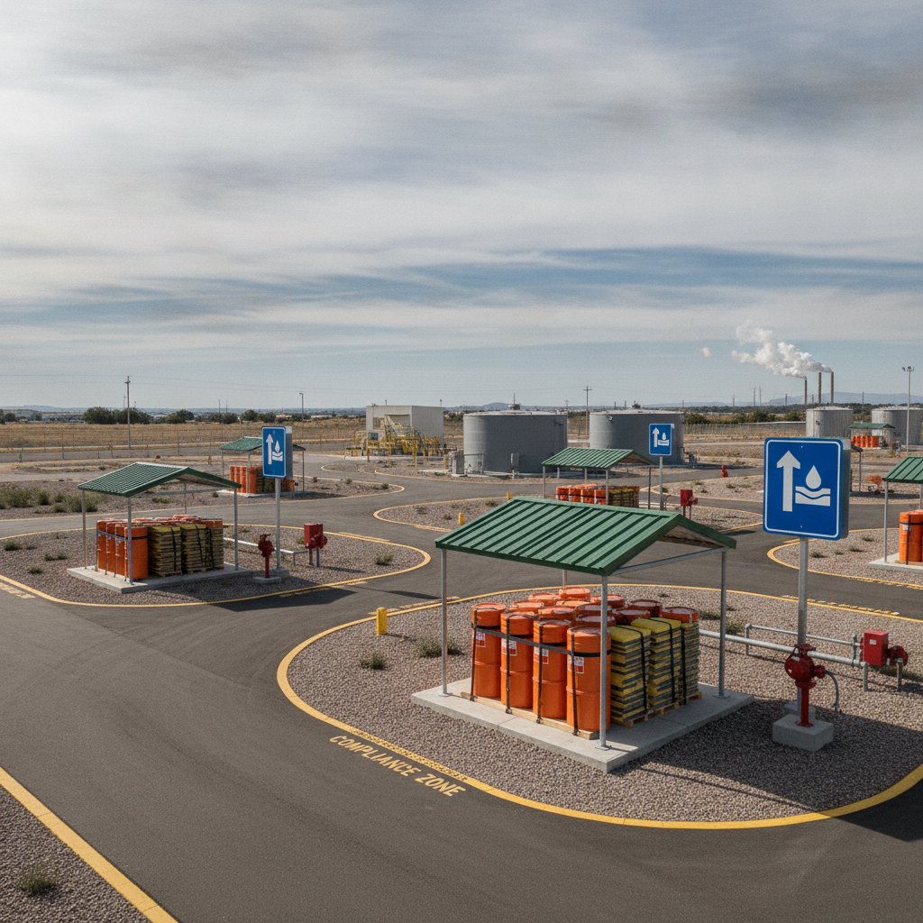 Outdoor industrial facility with spill kits under shelters, accessible pathways visible.