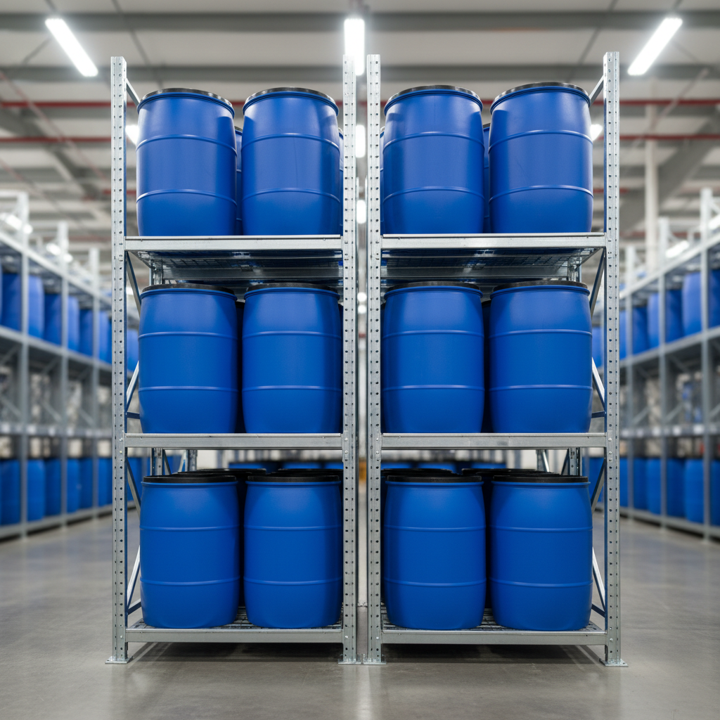 Stacked drum storage system with multiple drum levels.