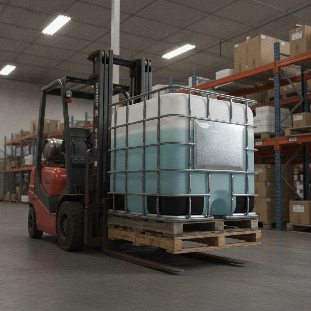 IBC tote and drum pallet showing size mismatch and stability risk.
