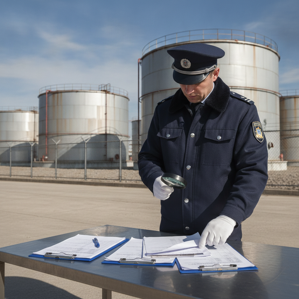Officer with paperwork inspecting oil tanks, compliance check.