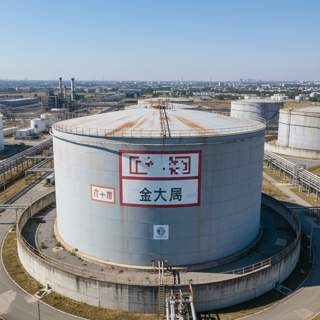 Storage tank with bilingual signage in industrial setting.