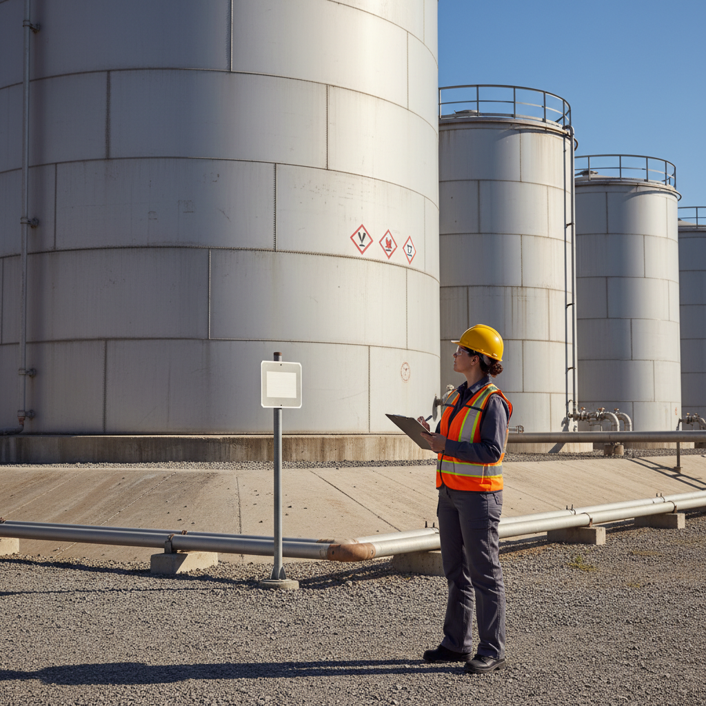 Inspector checking oil tanks with clipboard, clear sky background.