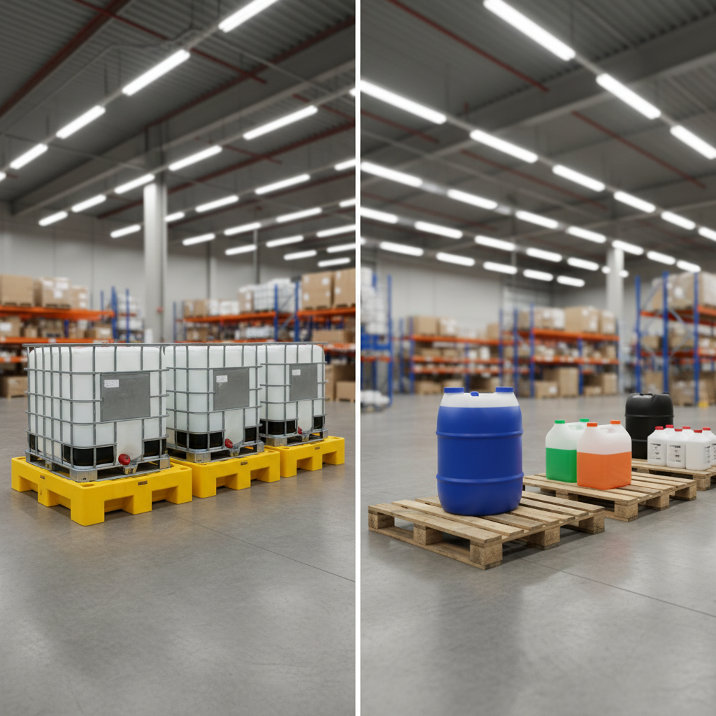 IBC containment stations versus single pallets in storage facility.