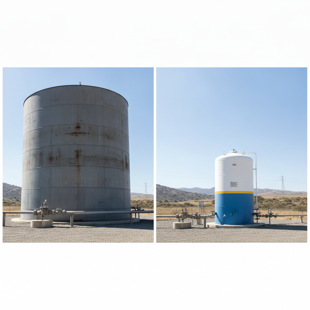 Outdoor storage tanks with different capacities, showing federal and California requirements.