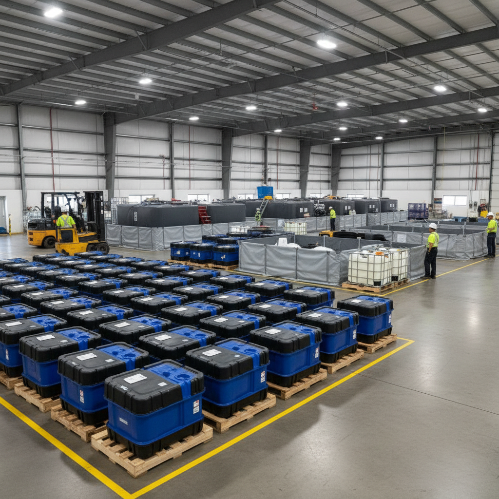 Warehouse with pallets and berms, containers organized by compatibility.