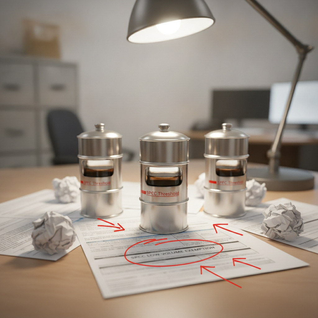Small oil tanks and permit papers on desk, regulatory setting.