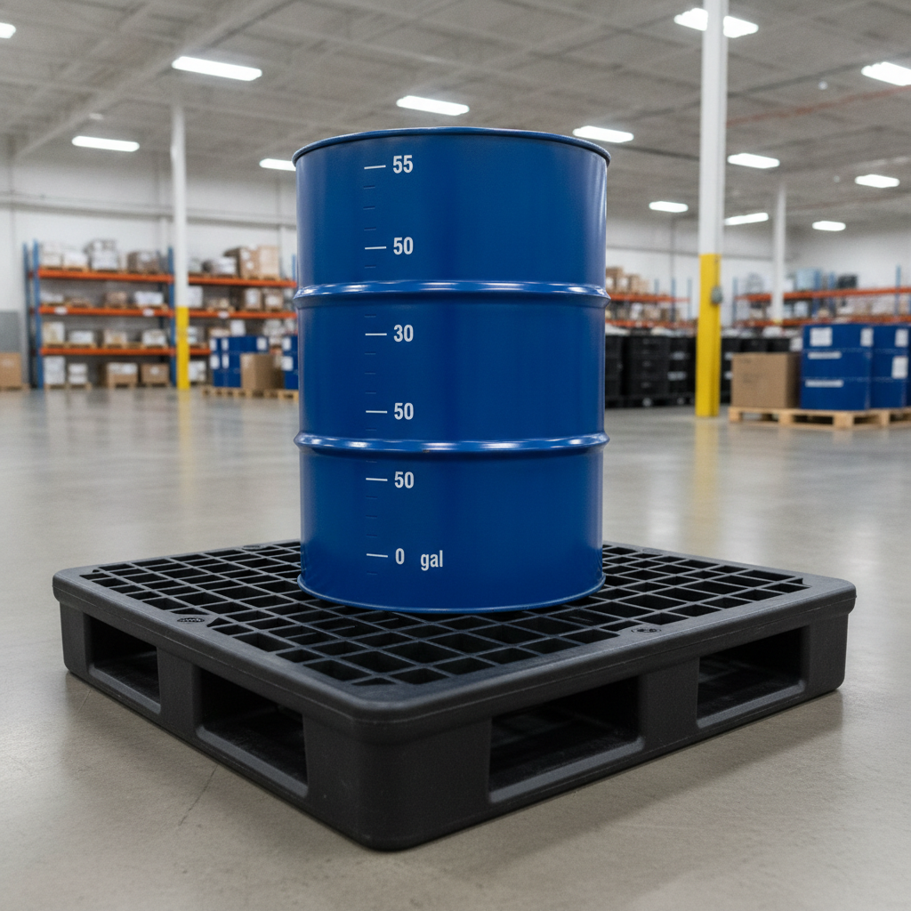 55-gallon drum on containment pallet, illustrating SPCC compliance.