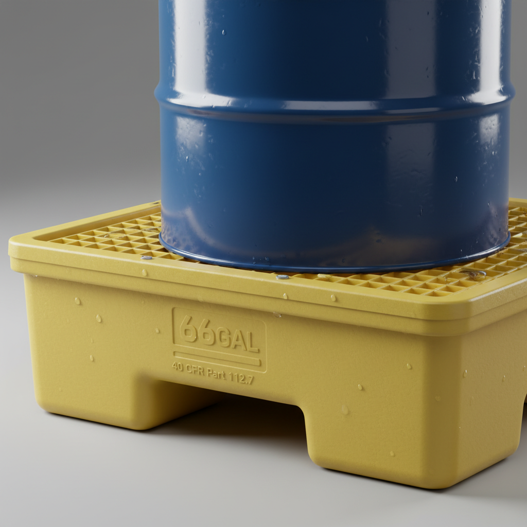 55-gallon drum with containment showing 66-gallon sump capacity.