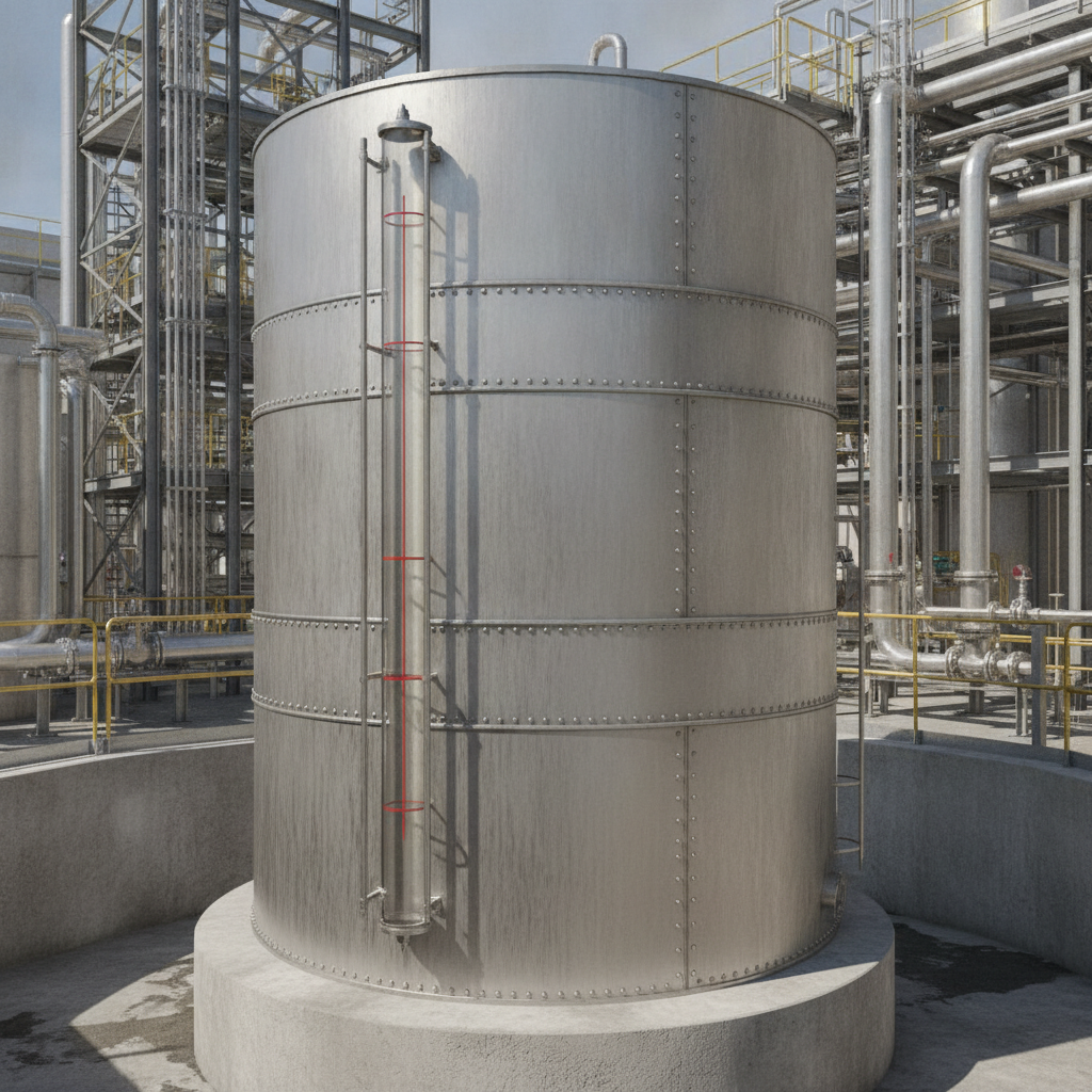 Storage tank with marked fill line and capacity indicators.