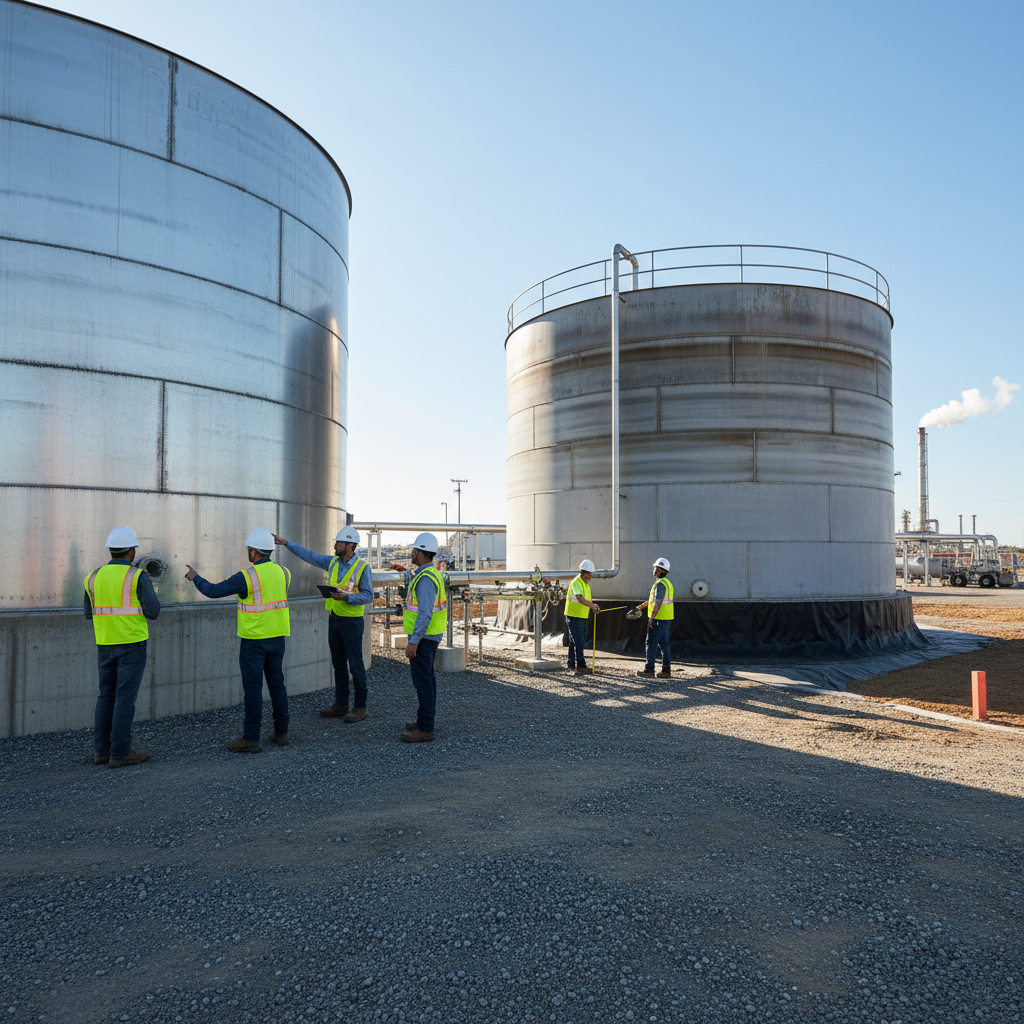 Single and double-walled AST tanks with workers inspecting.