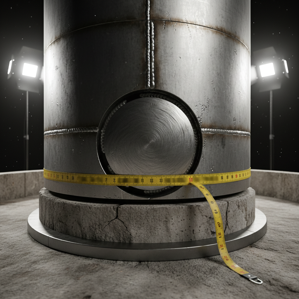 Close-up of a cylindrical tank, showing shell thickness and foundation.