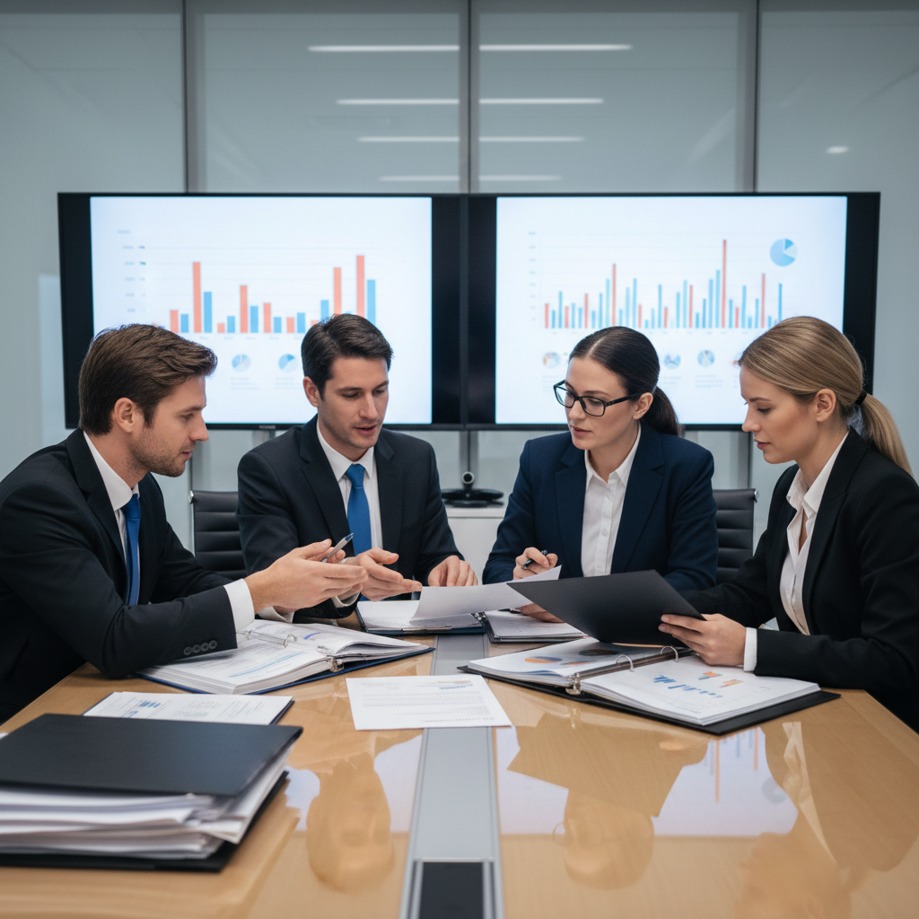 Inspectors at a conference table reviewing reports.