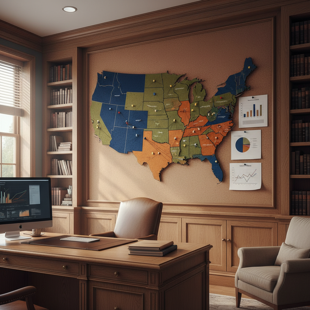 US map with SPCC program notes in an office setting.