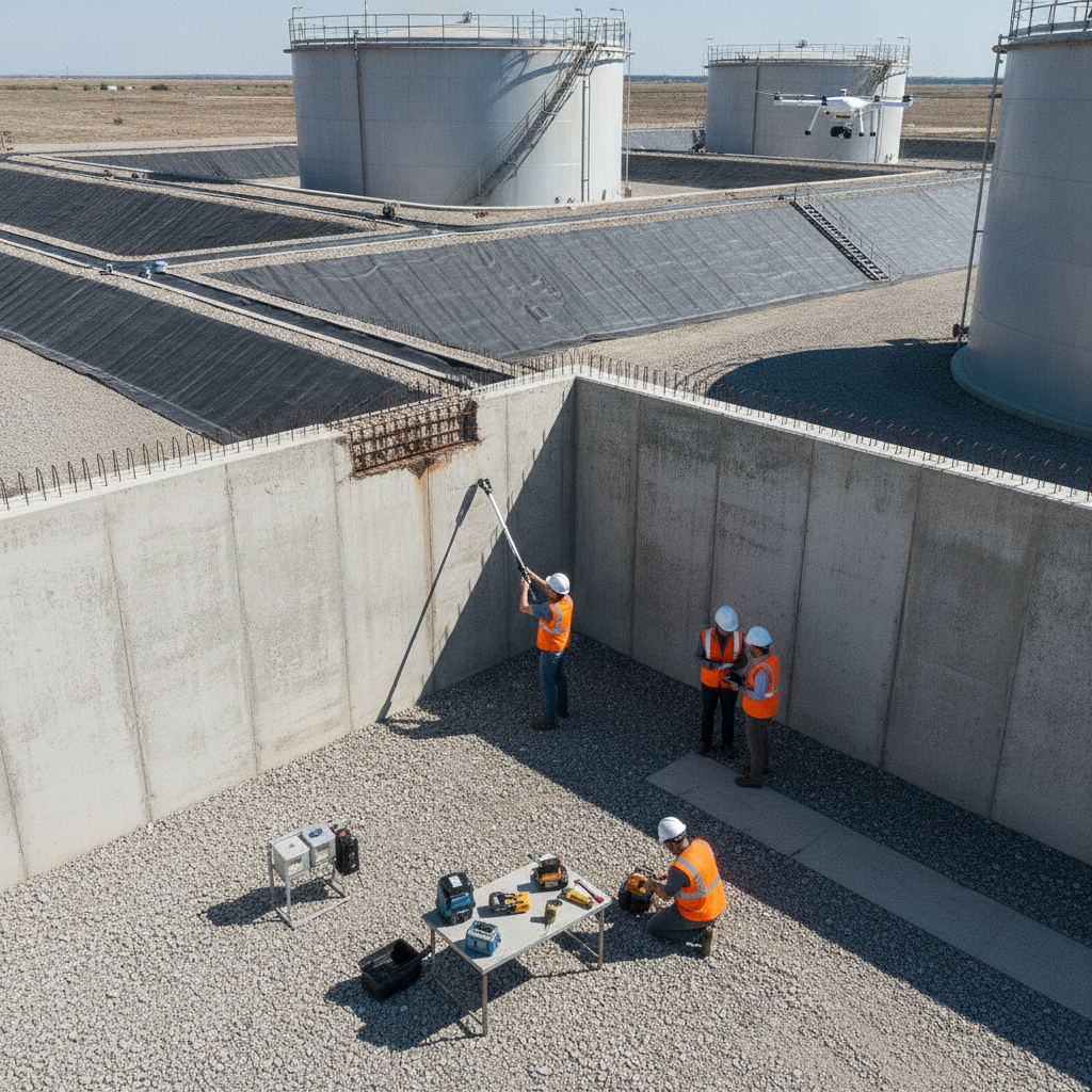 Inspectors assessing containment at an oil facility.