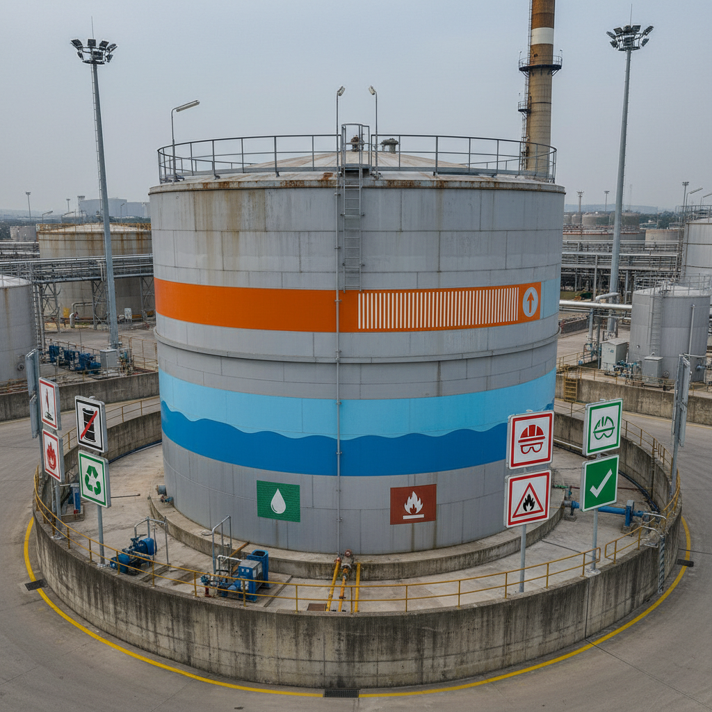 Storage tank with SPCC labels showing contents and capacity.