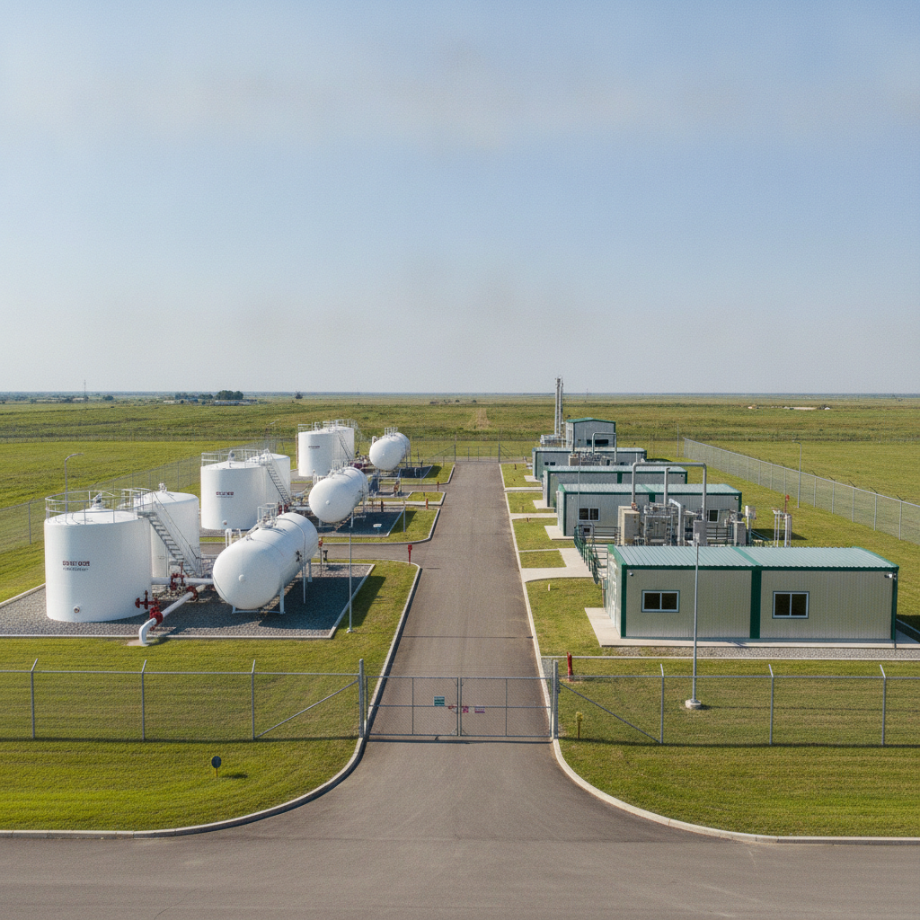 Small, organized industrial facility under bright daylight.