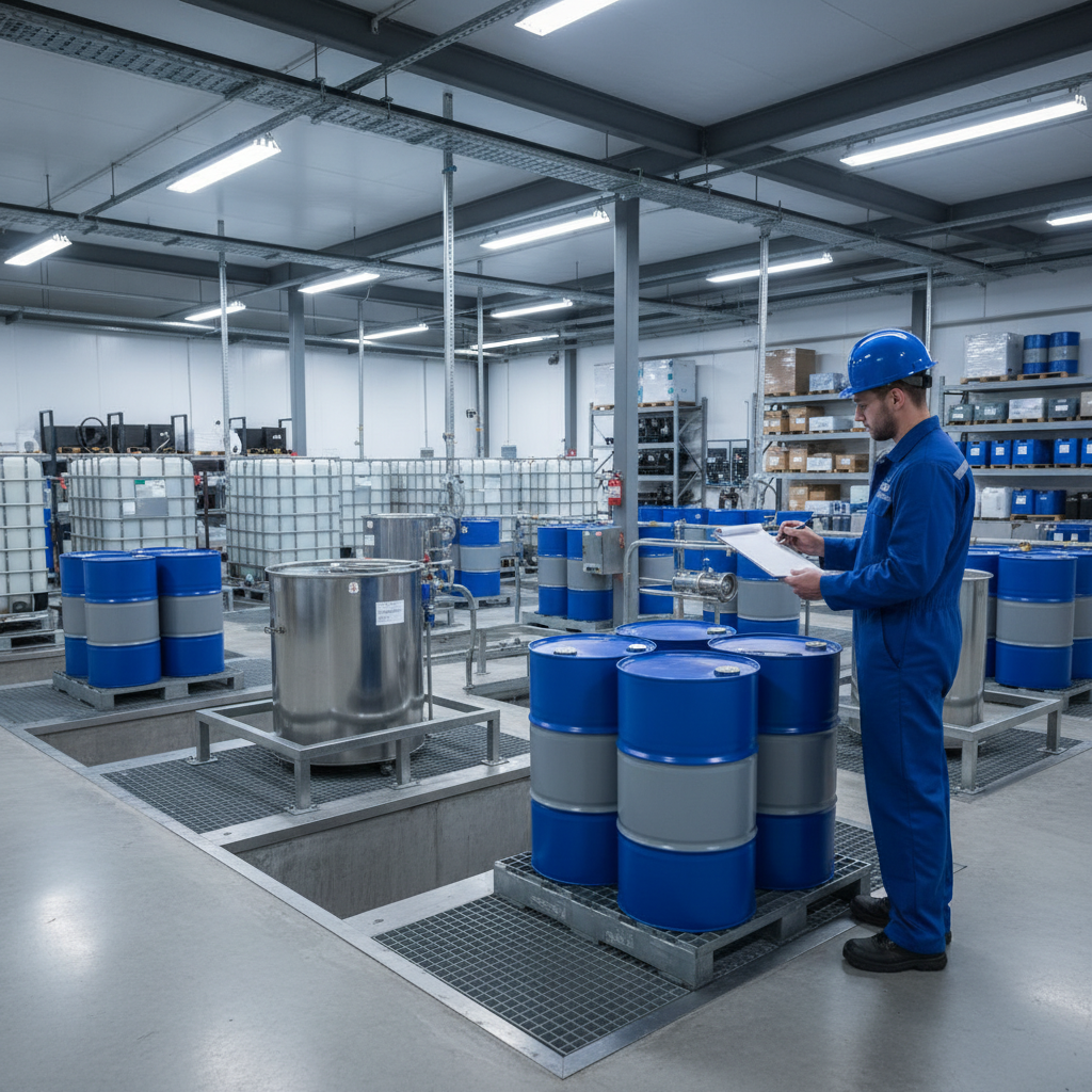 Worker completing Tier I SPCC template at facility with small oil storage containers