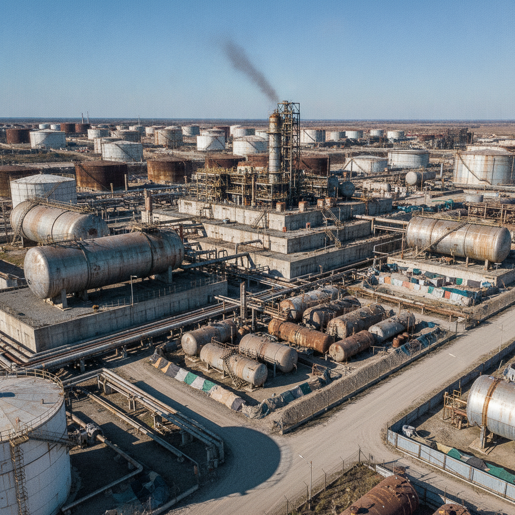 Large industrial facility with complex oil storage, clear skies.