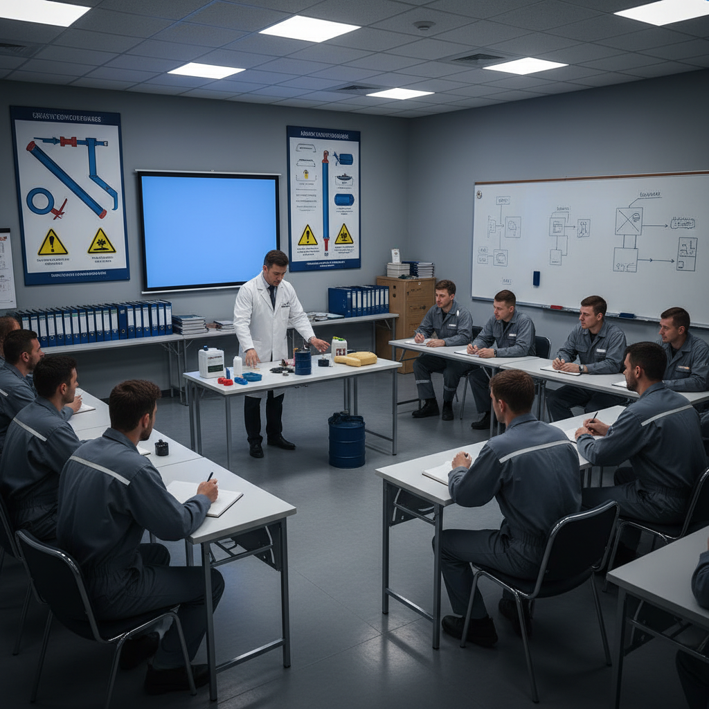 Workers in a classroom learning oil-handling and spill response procedures.