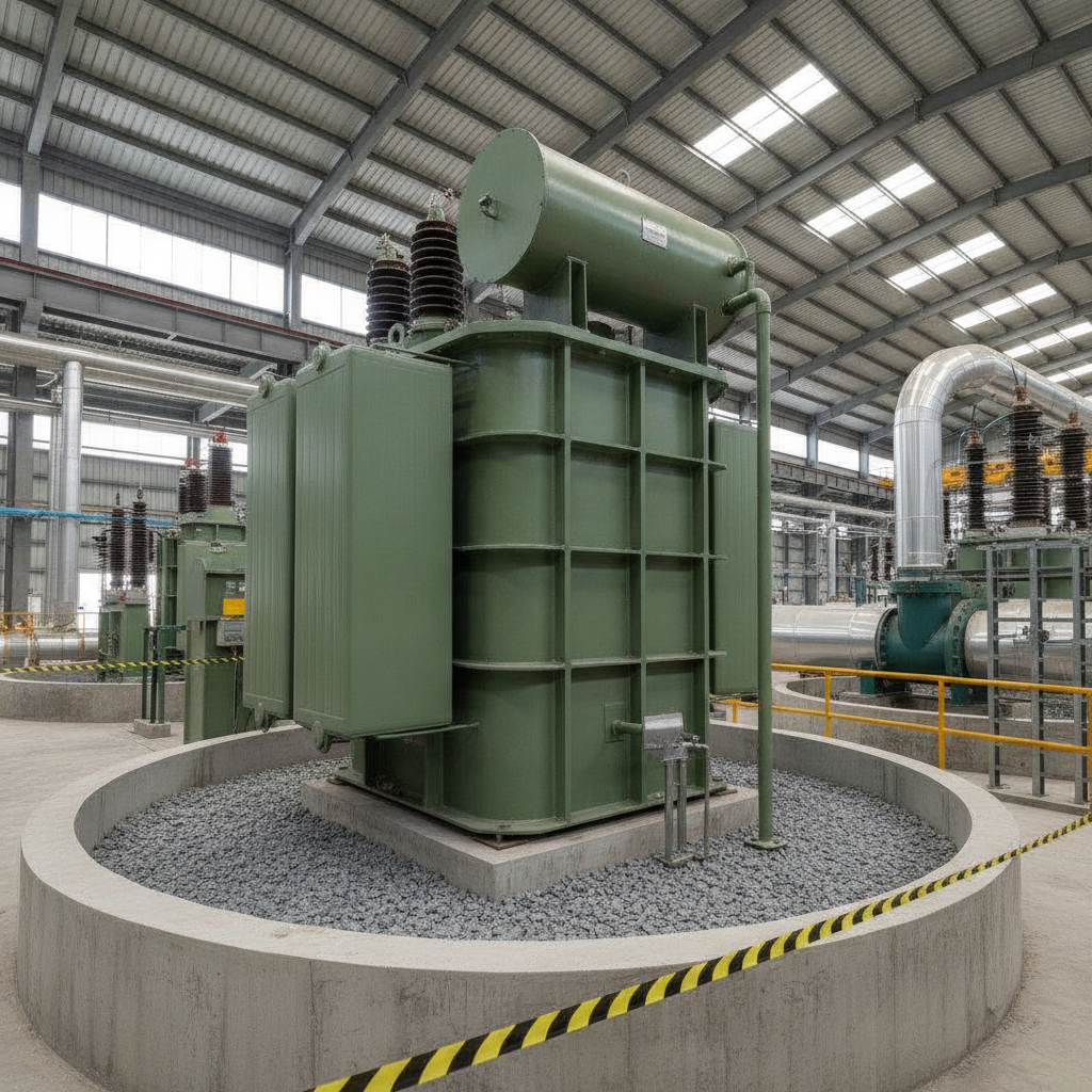 Transformer indicating oil volume capacity in an industrial setting.