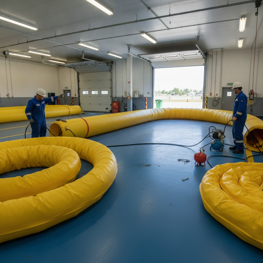 Inflatable foam-wall berms in a maintenance bay with air-filled sidewalls.
