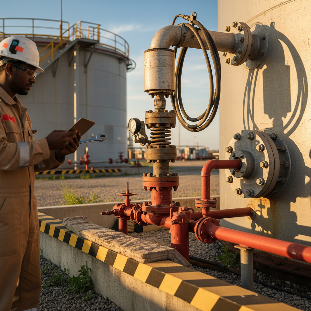 Facility operator inspecting storage tanks with safety equipment.