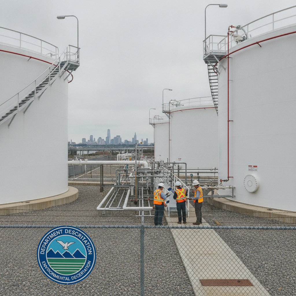 Inspectors at petroleum storage tanks with NY DEC sign.