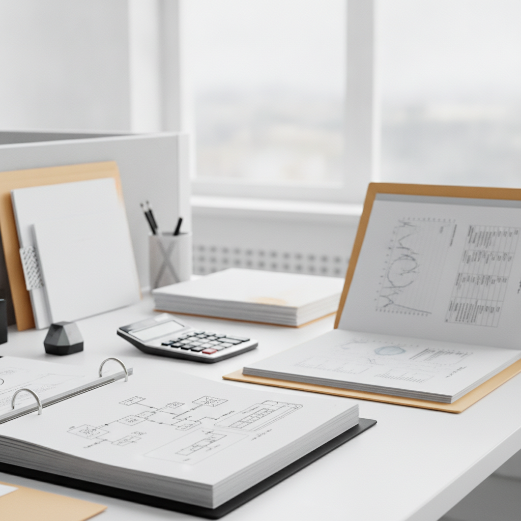 SPCC documents and data on a desk with calculator.
