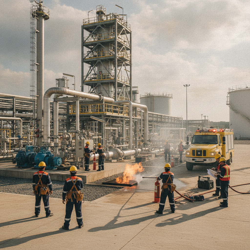Staff maintaining oil systems and conducting drills.