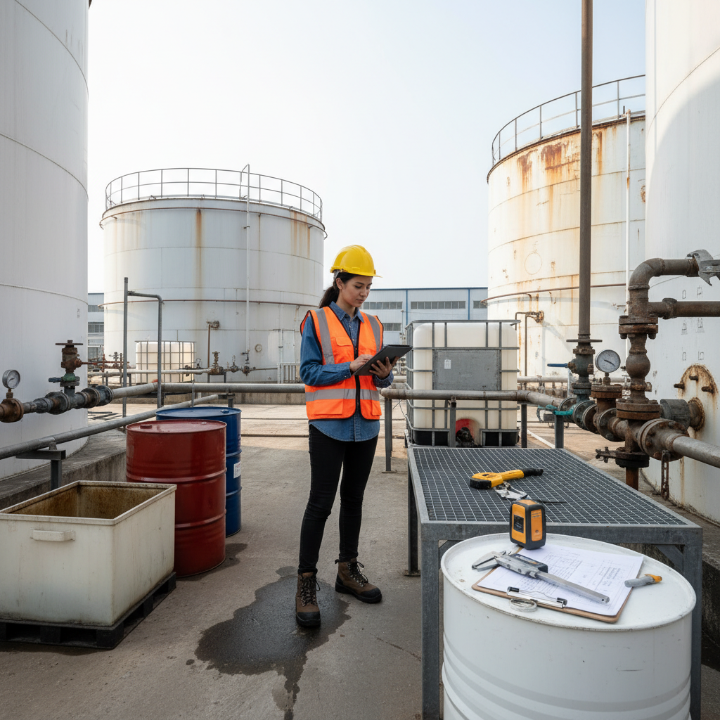Site manager calculating oil storage with tanks and tools.