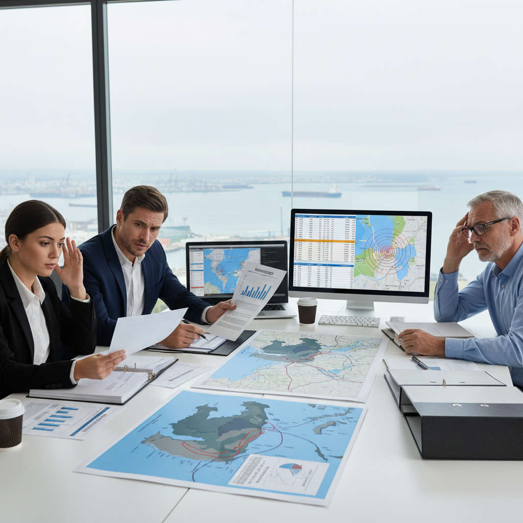 Insurance agents review pollution liability documents and data charts.